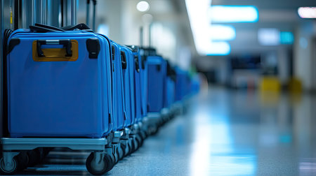 A row of blue luggage carts placed near an international arrivals terminal, airport design emphasizing efficiency and organizationの素材