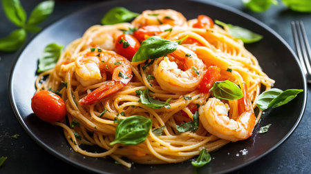 A delicious serving of seafood spaghetti with shrimp, tomatoes, and garlic, presented on a black ceramic plate.の素材