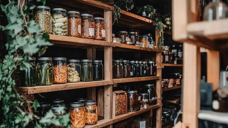 A rustic wooden shelf filled with glass jars of preserved vegetables, pickles, and marinated foods, neatly arranged for storage.の素材