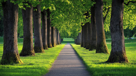 A quiet, empty pathway stretches into a lush green forest, surrounded by towering trees and fresh air.の素材