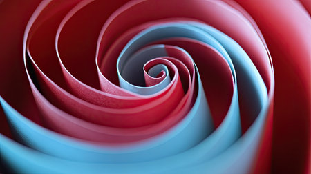 Macro shot of spiraling paper in blue and red tones, with sharp focus on the texture and interplay of lines and curvesの素材