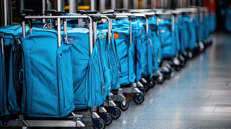 A row of blue luggage carts placed near an international arrivals terminal, airport design emphasizing efficiency and organizationの素材