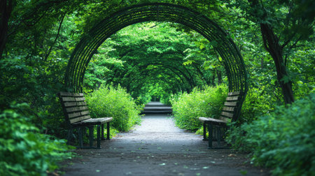 A peaceful walkway surrounded by fresh green trees extends into the heart of a lush forest park.の素材