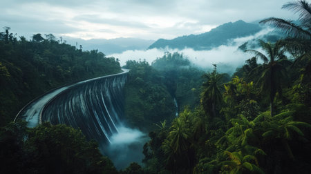 Massive concrete dam structure with water gently flowing from the spillway surrounded by tropical forestの素材