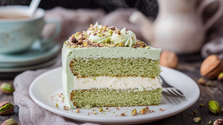 A slice of pistachio green cake with smooth cream layers and crunchy nuts, elegantly plated on a white dish.の素材