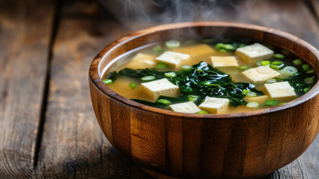 A steaming bowl of traditional miso soup with silken tofu, wakame seaweed, and green onions, served in a wooden bowl on a rustic table.の素材