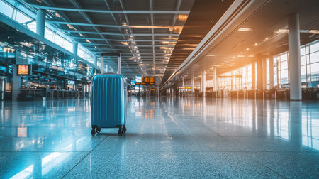 A single empty airport luggage trolley standing near an information counter, high ceilings and modern architectural design in the backgroundの素材