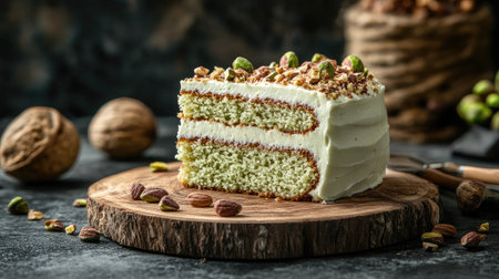 A slice of fluffy pistachio cake with creamy frosting, decorated with nuts, placed on a rustic wooden board with soft natural lighting.の素材