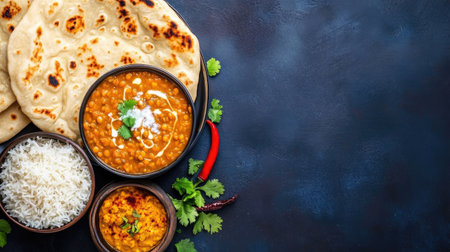 A steaming bowl of red lentil soup with coconut milk and curry, served with fluffy basmati rice and warm naan bread on a dark blue background.の素材