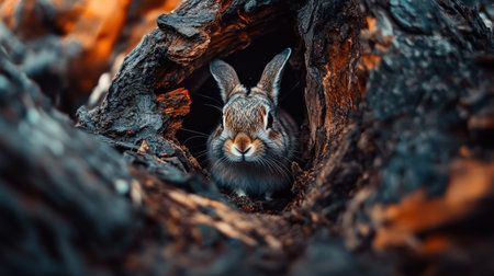 A wild rabbit inside a hole, cautiously peeking out before stepping into the open.の素材