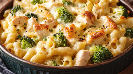 A steaming bowl of creamy chicken broccoli pasta bake, served with fresh herbs and a sprinkle of black pepper.の素材