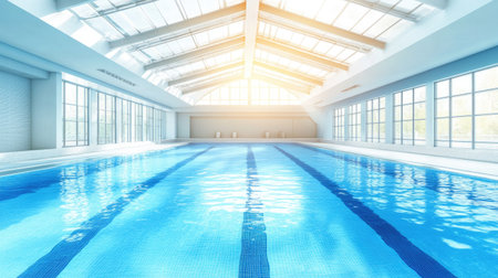 Luxurious indoor swimming pool in a high-end hotel, flooded with sunlight through large skylights and glass walls, calm water and elegant designの素材