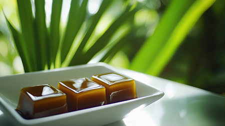 Med Kanun Thai dessert glistening in golden syrup, placed on a white dish, with vibrant tropical leaves in the background.の素材