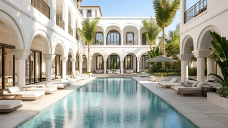 Indoor luxury hotel pool filled with daylight, upscale design featuring neutral tones and modern finishesの素材