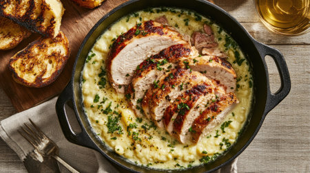 A French-inspired meal with a creamy bowl of Parmentier soup, served hot with tender turkey slices and a side of golden, crispy grilled bread.の素材