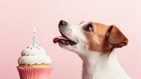 Adorable Jack Russell dog looking at a birthday cupcake with a candle, licking his lips as he waits to eat the treat, against a pastel pink backdropの素材
