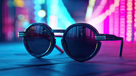 Abstract artistic rendering of black sunglasses, digitally edited for surreal and futuristic aestheticsの素材