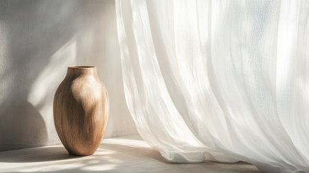 A wooden vase sits quietly on a windowsill, where sunlight diffuses through a flowing white curtain.の素材