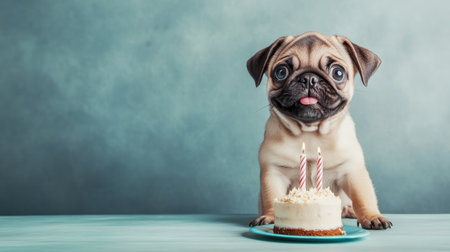 Adorable pug puppy celebrating its first birthday with a small cake made for dogs. Excited expression on its face.の素材