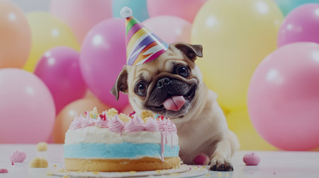 Adorable pug wearing a party hat, eagerly eating a birthday cake made of dog-friendly ingredients. Colorful balloons and decorations in the background.の素材