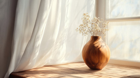 A wooden vase on a sunlit windowsill, with a soft white curtain adding a dreamy aesthetic.の素材