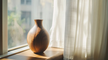 A wooden vase sits quietly on a windowsill, where sunlight diffuses through a flowing white curtain.の素材