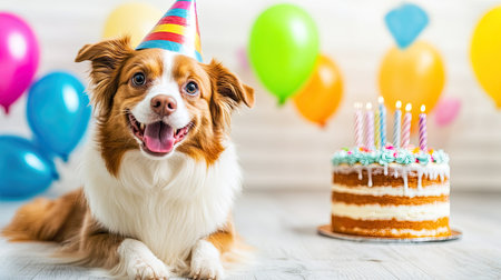 Adorable pug wearing a party hat, eagerly eating a birthday cake made of dog-friendly ingredients. Colorful balloons and decorations in the background.の素材
