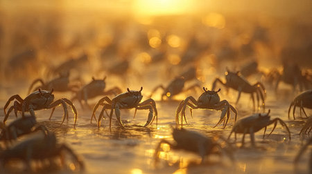 Abstract soft-focus beach scene with tiny crabs, golden morning glow creating a mesmerizing bokeh effect.の素材