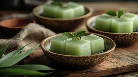 Mini cube coconut gel dessert in syrup, served in a ceramic bowl, styled with fresh pandan leaves and natural light.の素材