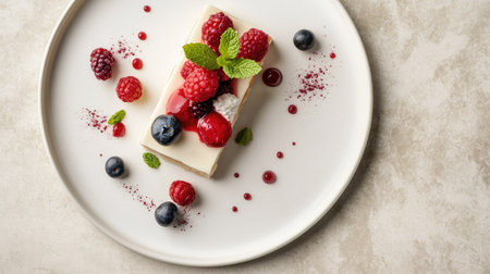 Aesthetic top-down view of a crepe cake with vanilla custard, berry garnish, and mint leaves, served on a white plate with a neutral backgroundの素材