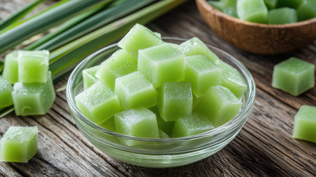 Mini cubes of coconut gel floating in syrup, arranged in a glass bowl, surrounded by fresh pandan leaves on a wooden table.の素材