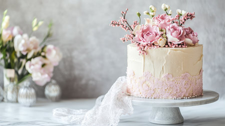 Aesthetic birthday cake with hand-piped pink floral designs, pearl sprinkles, and a lace ribbon, placed on a marble dessert tableの素材