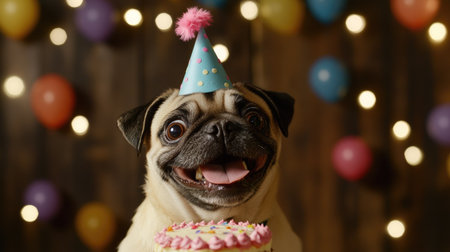Adorable pug puppy celebrating its first birthday with a small cake made for dogs. Excited expression on its face.の素材
