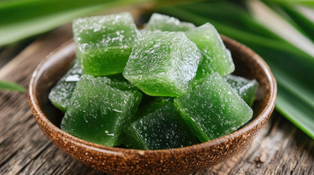 Mini cube coconut gel in syrup, served in a bowl on a textured wooden surface, with fresh pandan leaves styled around it.の素材