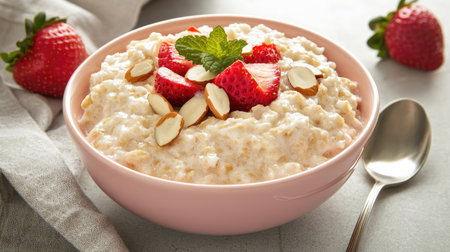 Minimalist breakfast scene featuring oatmeal with strawberries, almonds, and mint in a pink bowl, placed with a spoon and napkin on a concrete background.の素材
