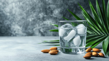 Minimalist composition coconut water with ice cubes in a clear glass, paired with tropical palm leaves and nuts on a grey backdrop.の素材