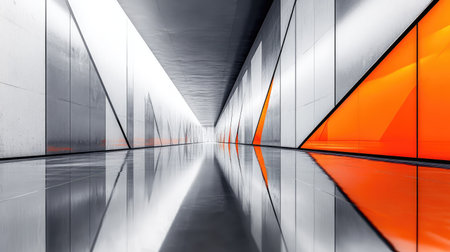 Minimalist building elements with gray and orange panels, sharp lines, and soft reflections highlighting the clean geometric designの素材