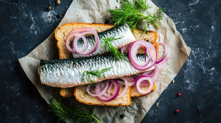 Minimal top-down shot of herring sandwich with rye bread, pickled onions, and fresh dill garnishの素材