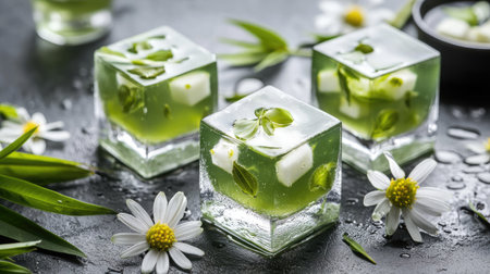 Mini cubes of coconut gel floating in sweet syrup, arranged in a glass dish, with pandan leaves and flowers styled around it.の素材