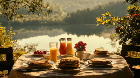 Minimalist breakfast table with pancakes, juice, and scenic highland view in early morning lightの素材
