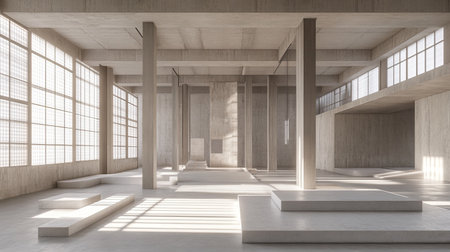 Minimalist empty warehouse interior with expansive concrete floors, steel columns, and natural light, perfect for logistics or storageの素材