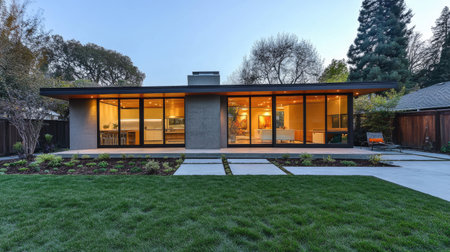 Minimalist European home exterior with a smooth concrete facade, large sliding glass doors, and a simple yet elegant front yard designの素材
