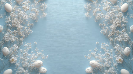 Minimalist Easter background with soft pastel tones, floral accents, and eggs arranged in a symmetrical frame on blue wood.の素材