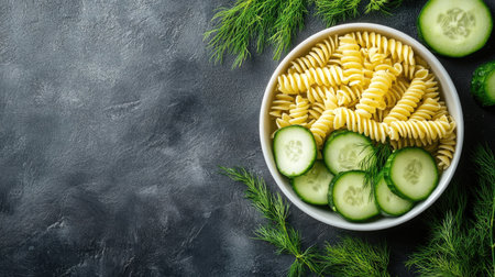 Minimalist spring salad scene featuring pasta, cucumber and dill, neutral tones and clean layout for text placementの素材