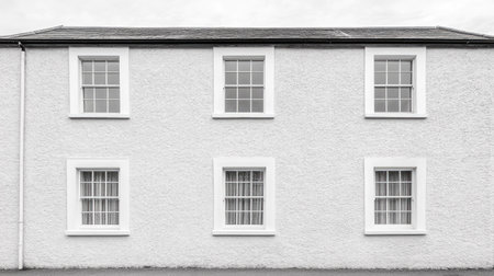 Minimalist monochrome photo of a repetitive triangular pattern on a building facade, creating a bold and striking geometric effectの素材
