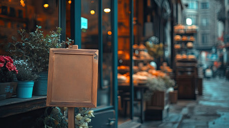 Minimalist wooden board standing outside a bakery with blurred glass door and floral decorの素材