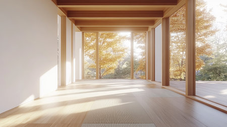 Minimalist Japanese-inspired empty room with fresh tatami mats and warm wood tones, D rendering with daylightの素材