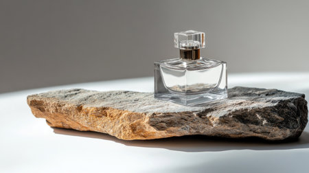 Minimalist perfume container with transparent packaging, positioned on a sculptural stone piece, modern aesthetic on white backgroundの素材