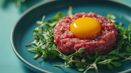 Minimalist food styling with beef tartar, egg yolk and greens, plated on matte dish in close-up with space for branding or editorial useの素材