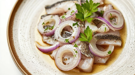 Minimalist seafood dish with pickled herring, diced onions, and parsley leaf accents on bright ceramic plateの素材